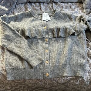 Gray Ruffled Button-Up Sweater